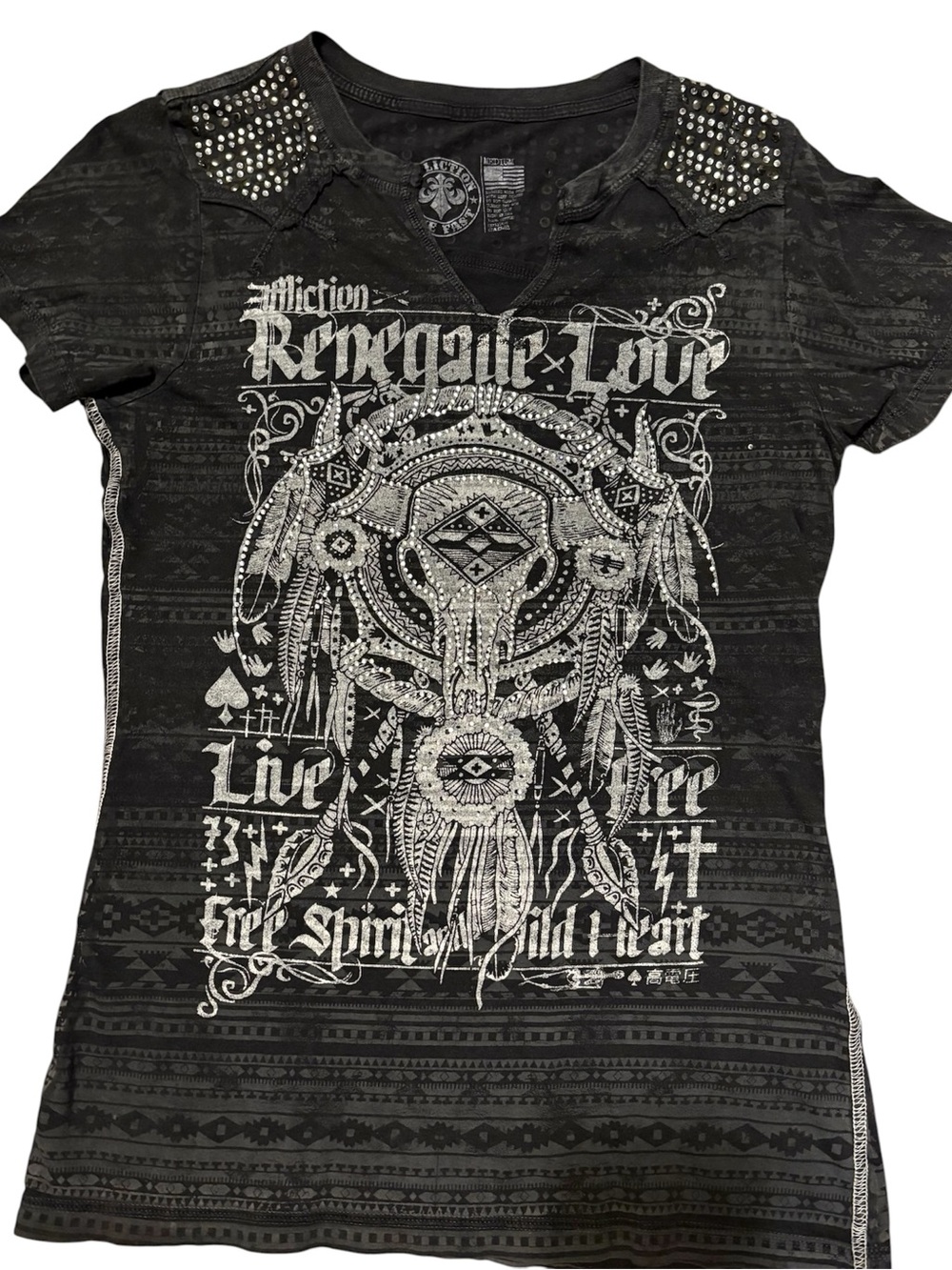 Affliction Black Studded V-Neck Graphic Tee